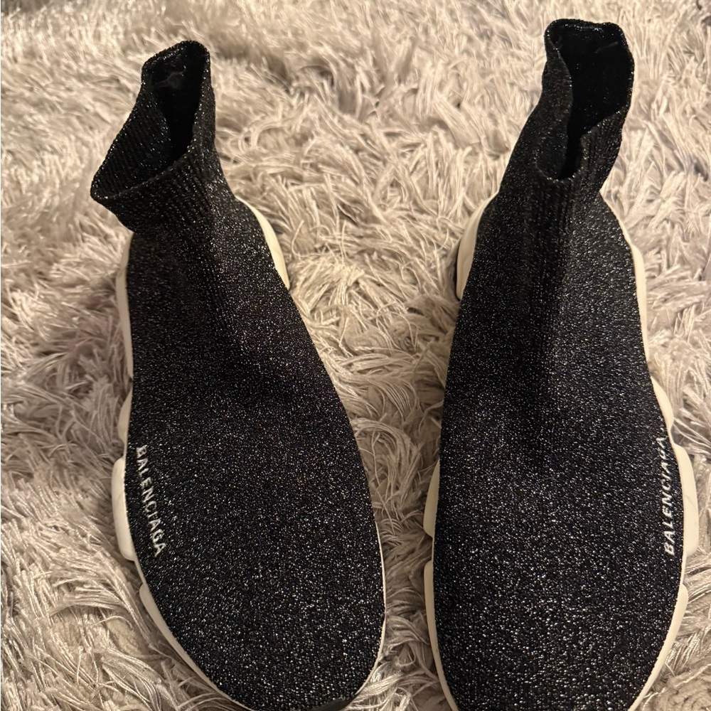 Balenciaga Black/Silver Lurex Fabric Speed Trainer Sneakers View 3